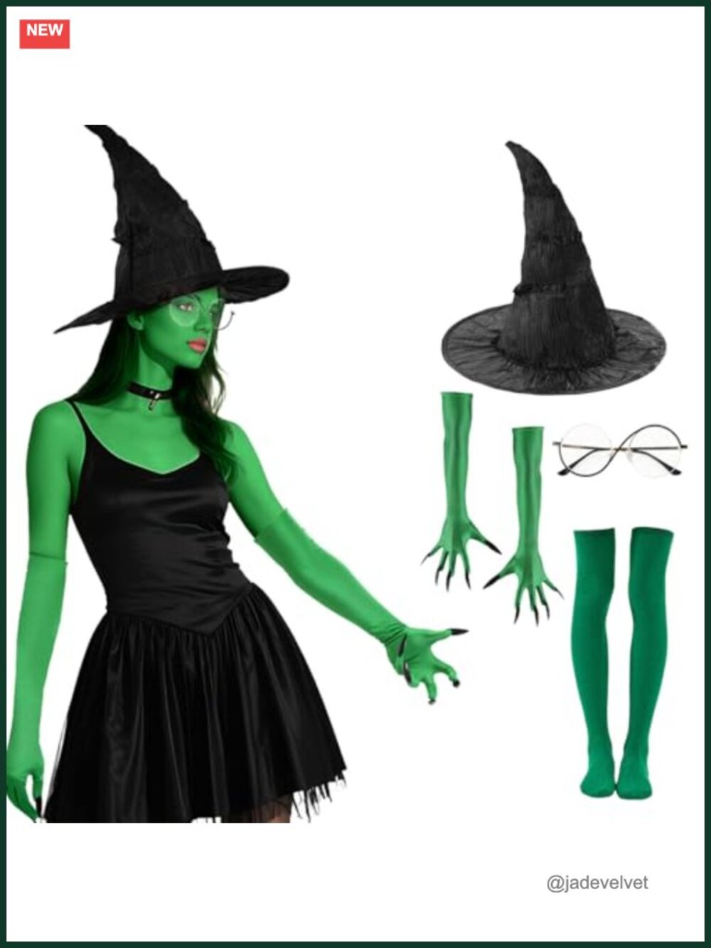 Witch Elphaba Costume Set with Hat Gloves Stockings for Halloween Cosplay